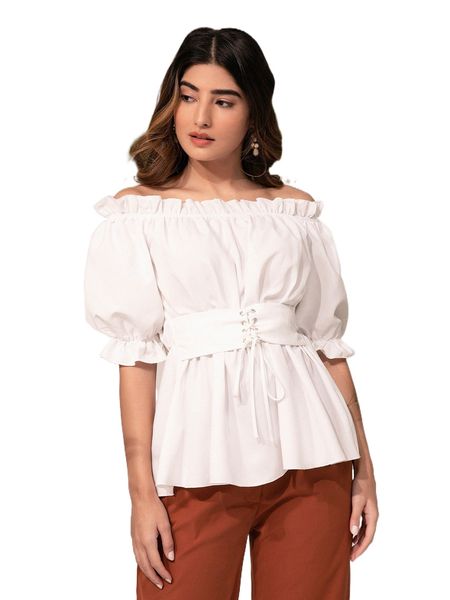 modely off the shoulder ruffle trim lace up j2o5#, White