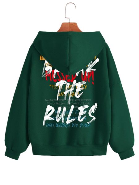 slogan graphic drawstring zip up thermal hoodie u6ym#, Black