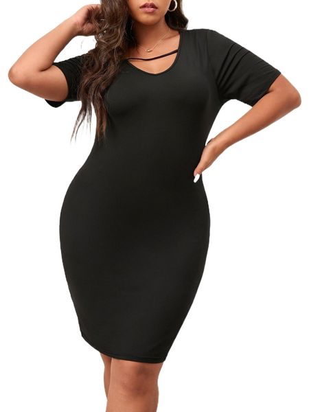 plus solid keyhole neckline bodycon dress p533#, Black
