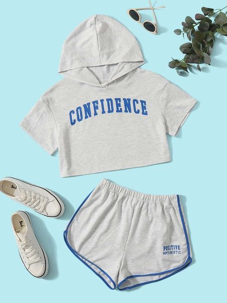 teen girls letter graphic hoodie & dolphin shorts set she, White 
teen girls letter graphic hoodie & dolphin shorts set she, White
