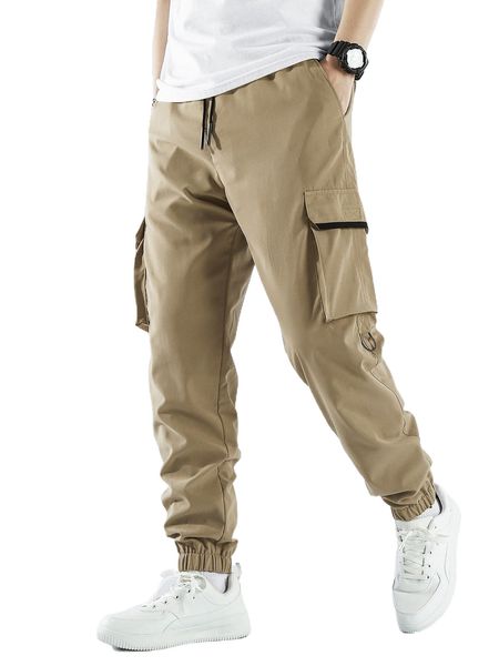 men flap pocket side drawstring waist cargo pants i3yc#, Black