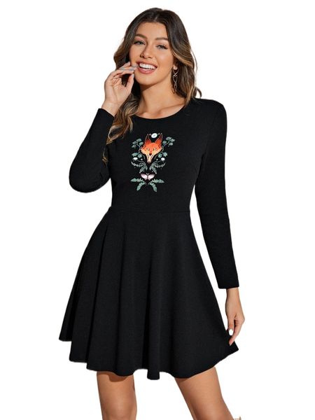 x loputyn fox & butterfly print fit and flare dress c3a4#, Black;gray 
x loputyn fox & butterfly print fit and flare dress c3a4#, Black;gray