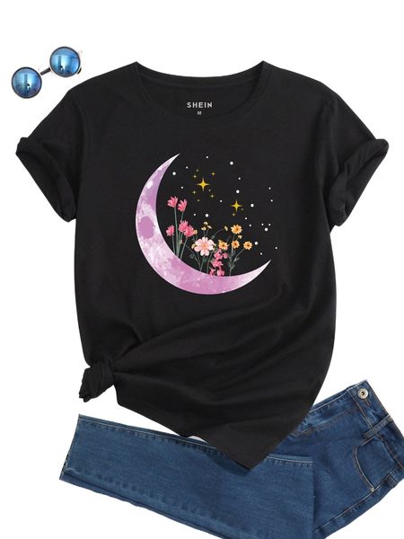 moon and floral print tee x8sx#, White
moon and floral print tee x8sx#, White