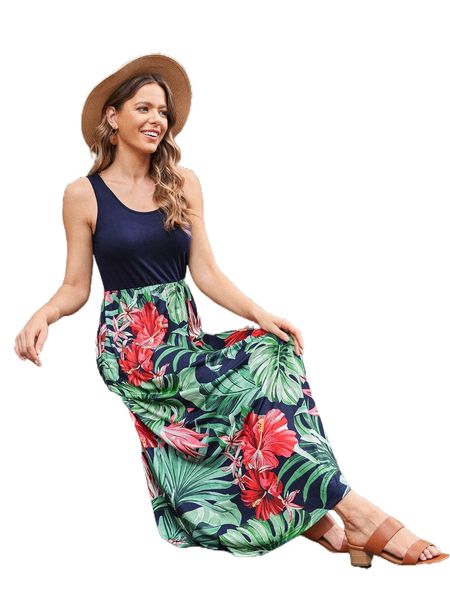emery rose tropical print sleeveless a-line dress y9ke#, Black;gray