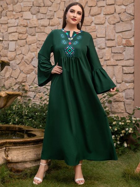plus geo embroidery notched neckline flounce sleeve dress r3zb#, Black 
plus geo embroidery notched neckline flounce sleeve dress r3zb#, Black