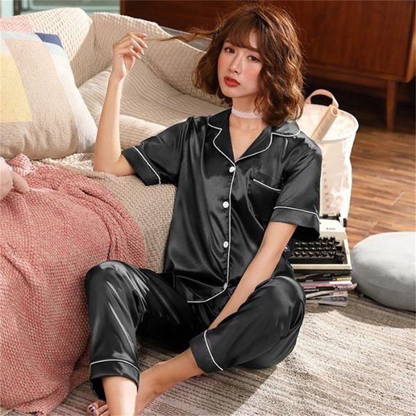 july s wb 2 pieces women pajamas set faux silk sleepwear satin autumn short sleeve long pants sleepwear pajamas suit homewear lj200814, Black;red
july s wb 2 pieces women pajamas set faux silk sleepwear satin autumn short sleeve long pants sleepwear pajamas suit homewear lj200814, Black;red