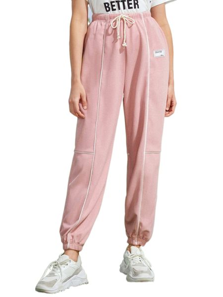 patch detail drawstring waist contrast piping sweatpants e8cq#, Black;white