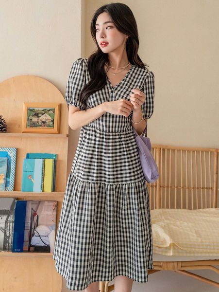 dazy gingham print puff sleeve dress v7ov#, Black;gray 
dazy gingham print puff sleeve dress v7ov#, Black;gray