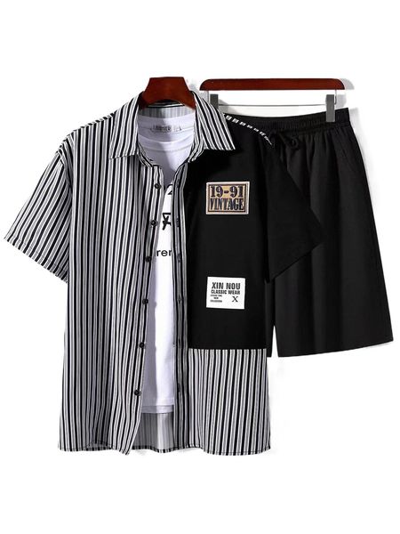 men letter patched striped print shirt with shorts without tee h9sv#, Gray
men letter patched striped print shirt with shorts without tee h9sv#, Gray
