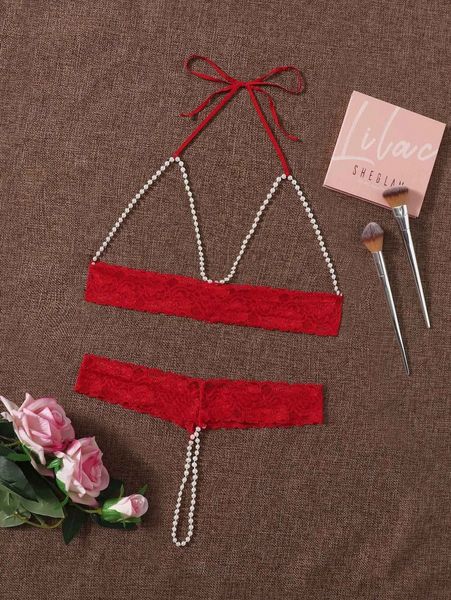 faux pearl decor cut-out lace lingerie set n2pn#, Black;red