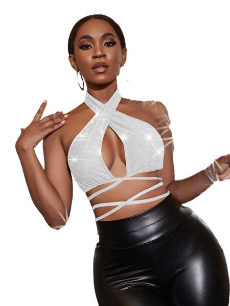 wrap cross backless crop glitter halter p2ii#, White