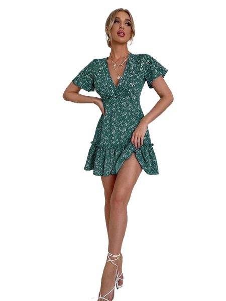 frill ruffle hem ditsy floral print dress 504t#, Black;gray 
frill ruffle hem ditsy floral print dress 504t#, Black;gray