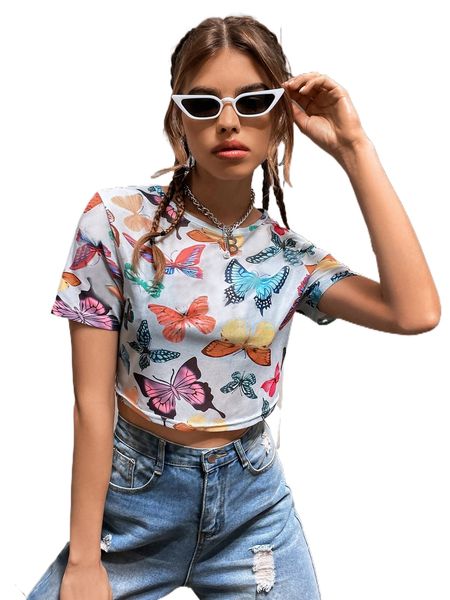 butterfly print crop mesh p0vp#, White