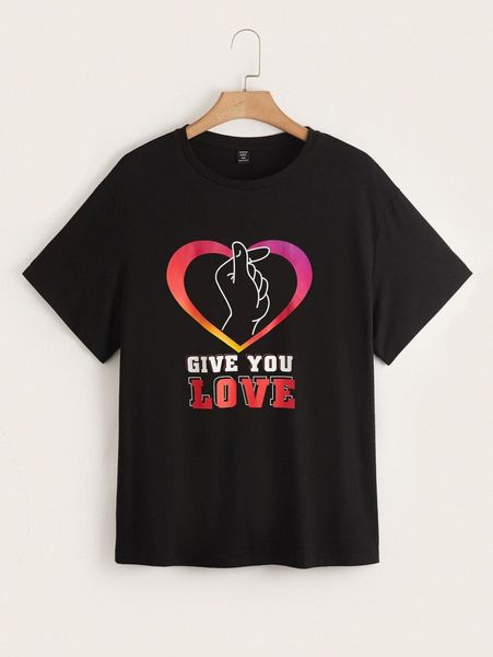 plus gesture & slogan graphic drop shoulder tee o3qb#, Black 
plus gesture & slogan graphic drop shoulder tee o3qb#, Black
