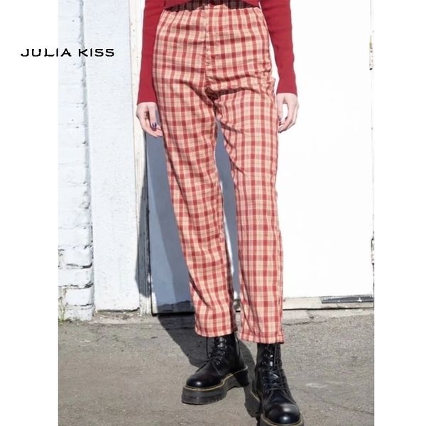 women highrise trouser pants in red and yellow plaid print y200418, Black;white