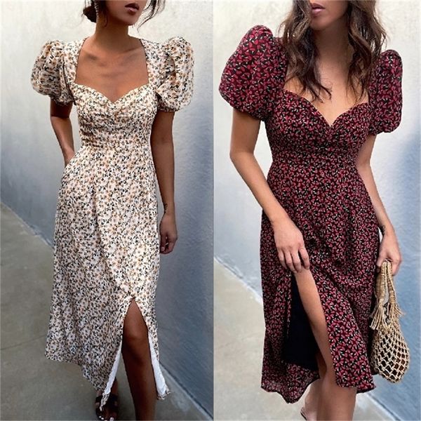 women clothing summer fashion bubble sleeve floral lace up high split long dress vestdio vintage korean elegant party 220704, Black;gray
women clothing summer fashion bubble sleeve floral lace up high split long dress vestdio vintage korean elegant party 220704, Black;gray