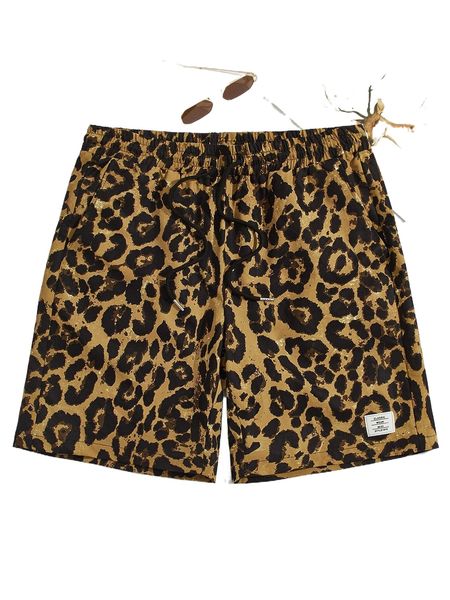 men drawstring waist letter patched leopard print shorts 47ve#, White;black 
men drawstring waist letter patched leopard print shorts 47ve#, White;black