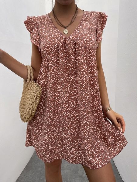 dalmatian print flutter sleeve dress 30pc#, Black;gray