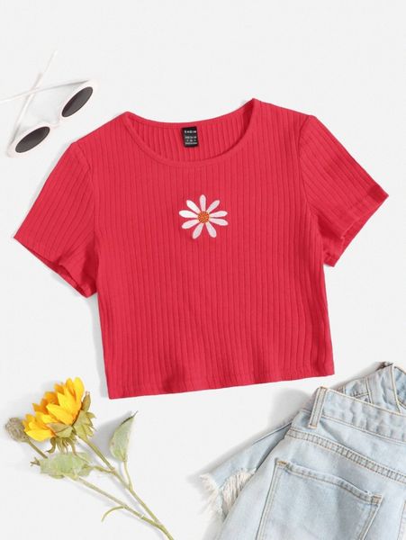 daisy embroidered rib-knit tee p1e8#, White