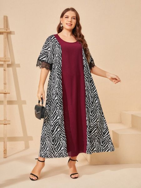 plus zebra striped scoop neck lace trim tunic dress j5pz#, Black
plus zebra striped scoop neck lace trim tunic dress j5pz#, Black