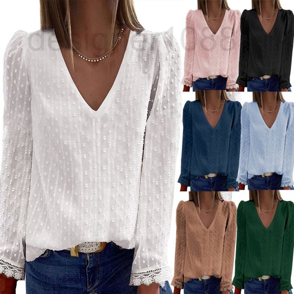 women's t-shirt designer kale 2022 spring jacquard loose v-neck lace long sleeve shirt women eydn, White 
women's t-shirt designer kale 2022 spring jacquard loose v-neck lace long sleeve shirt women eydn, White
