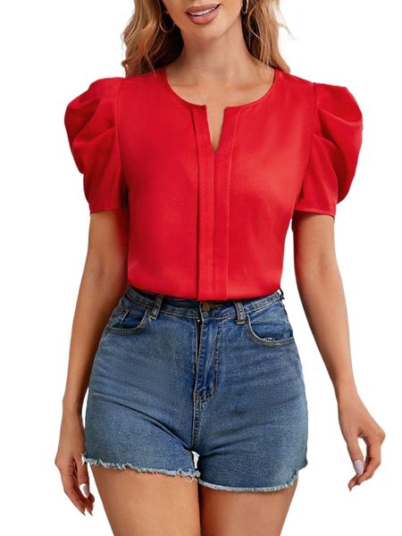 notched neck puff sleeves seam front blouse w9gg#, White
notched neck puff sleeves seam front blouse w9gg#, White