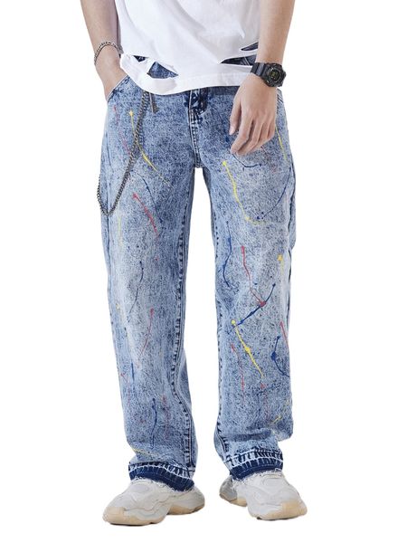 men splash ink snow washed straight leg jeans without chain j4gu#, Blue