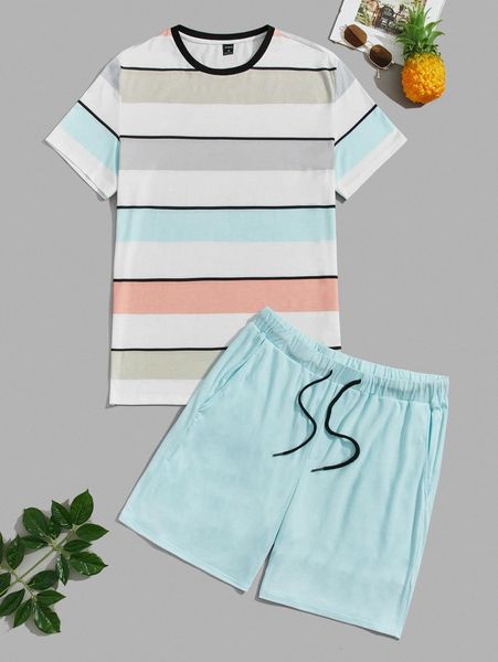 men striped print tee & drawstring waist track shorts p59x#, Gray