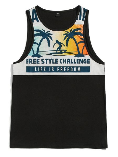 men tropical and slogan graphic tank g9sb#, White;black