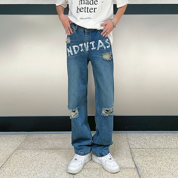 letter painted hole ripped straight jeans men and women pockets patchwork casual loose denim trousers, Blue
letter painted hole ripped straight jeans men and women pockets patchwork casual loose denim trousers, Blue