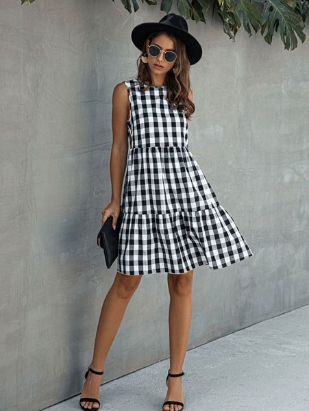 gingham print ruffle hem dress b2mp#, Black;gray 
gingham print ruffle hem dress b2mp#, Black;gray