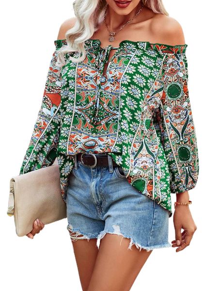 floral print off shoulder frill trim knot front blouse f1ix#, White
floral print off shoulder frill trim knot front blouse f1ix#, White