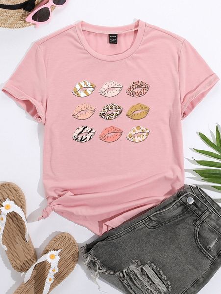lip print crew neck tee s2vd#, White