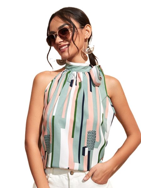 striped print mock neck knot front q48n#, White 
striped print mock neck knot front q48n#, White