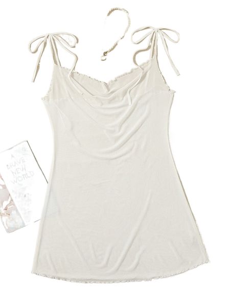 plus tie shoulder lettuce trim mesh cami nightdress 23r5#, Black;white 
plus tie shoulder lettuce trim mesh cami nightdress 23r5#, Black;white