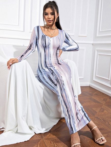 brush print scoop neck bodycon dress 53d8#, Black;gray 
brush print scoop neck bodycon dress 53d8#, Black;gray