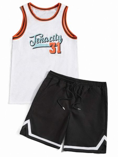 men letter graphic striped trim drawstring waist football jersey set v3s0#, Gray