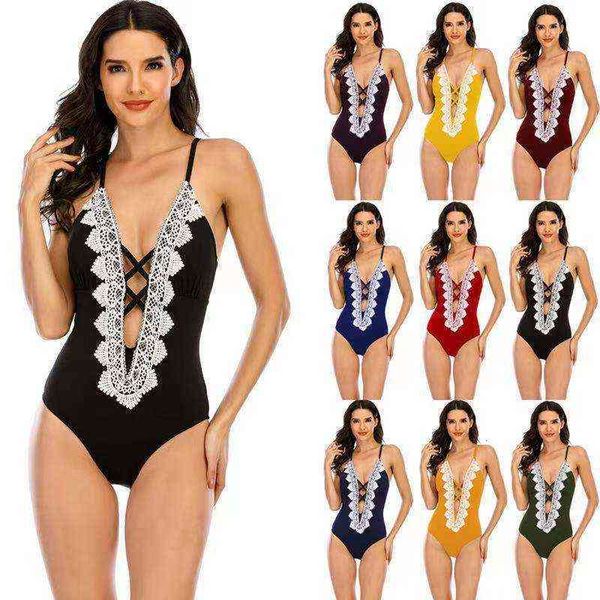 swimsuit multicolor one-piece women's hollow lace deep v slim bikini, White;black 
swimsuit multicolor one-piece women's hollow lace deep v slim bikini, White;black
