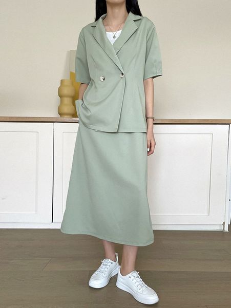 dazy lapel neck double button coat & split hem skirt t22d#, White