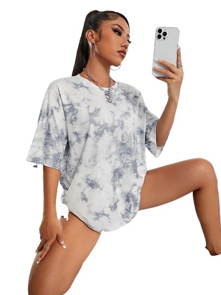 tie dye drop shoulder oversized tee b7kv#, White