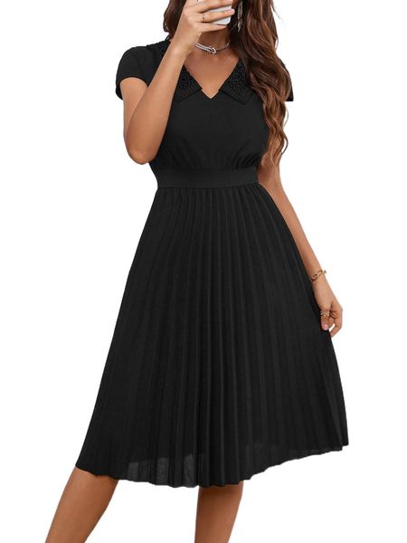 contrast collar dolman sleeve pleated hem dress 41mw#, Black;gray