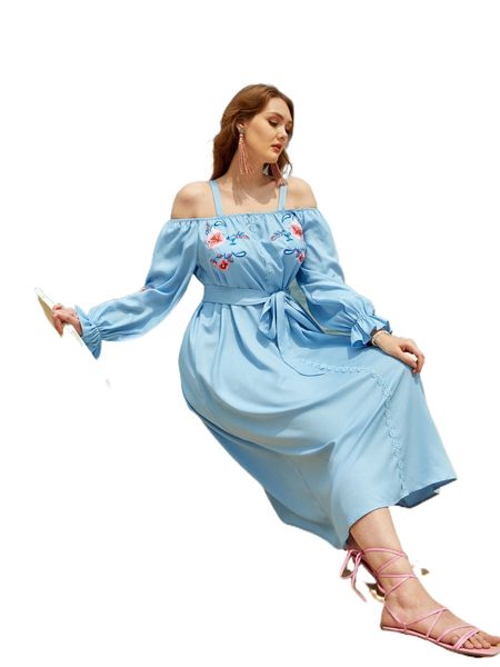 plus floral embroidery cold shoulder appliques belted dress f3eq#, Black