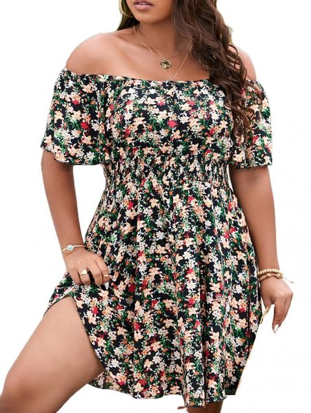 plus allover floral print off shoulder shirred waist dress j2hg#, Black