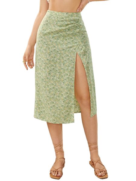 ditsy floral print split thigh skirt b4ht#, Black