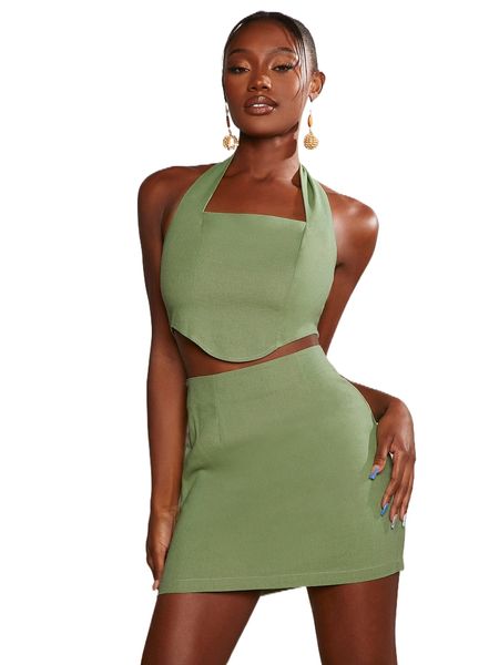 zip back tie backless crop halter & bodycon skirt 03cz#, White