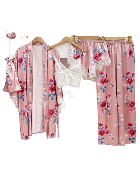 6pcs floral print contrast lace drop shoulder satin pj set z1fw#, Black;red
6pcs floral print contrast lace drop shoulder satin pj set z1fw#, Black;red