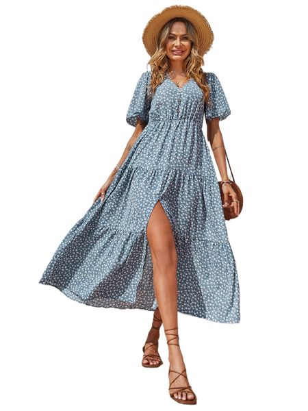 ditsy floral ruffle hem split thigh a-line dress 48ih#, Black;gray