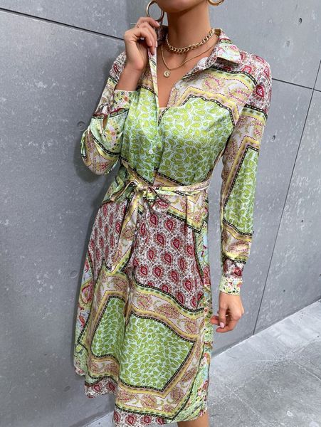 paisley scarf print belted shirt dress q57n#, Black;gray