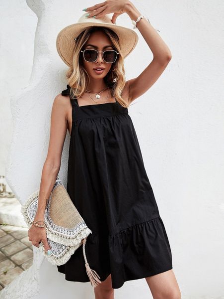 tie shoulder ruffle hem solid cami dress 65cm#, Black;gray