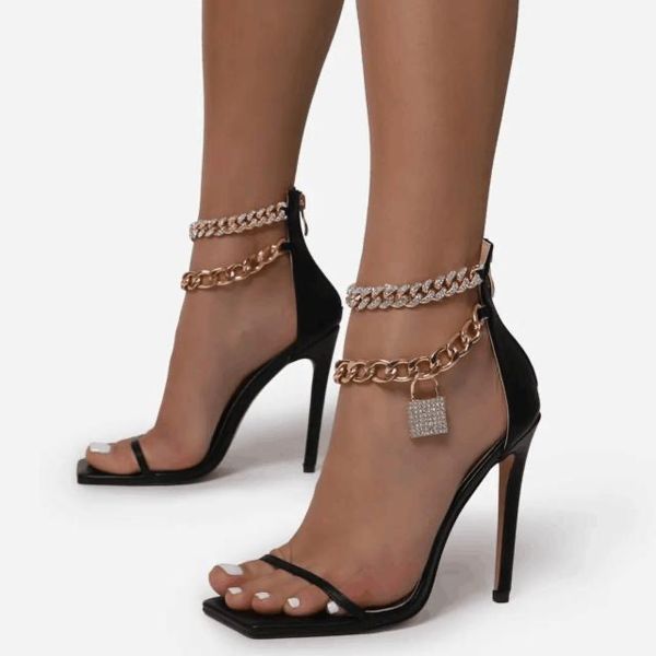 rhinestone chain stiletto high heel open toe dress shoes large size women's sandals european and american style women sandals, Black
rhinestone chain stiletto high heel open toe dress shoes large size women's sandals european and american style women sandals, Black